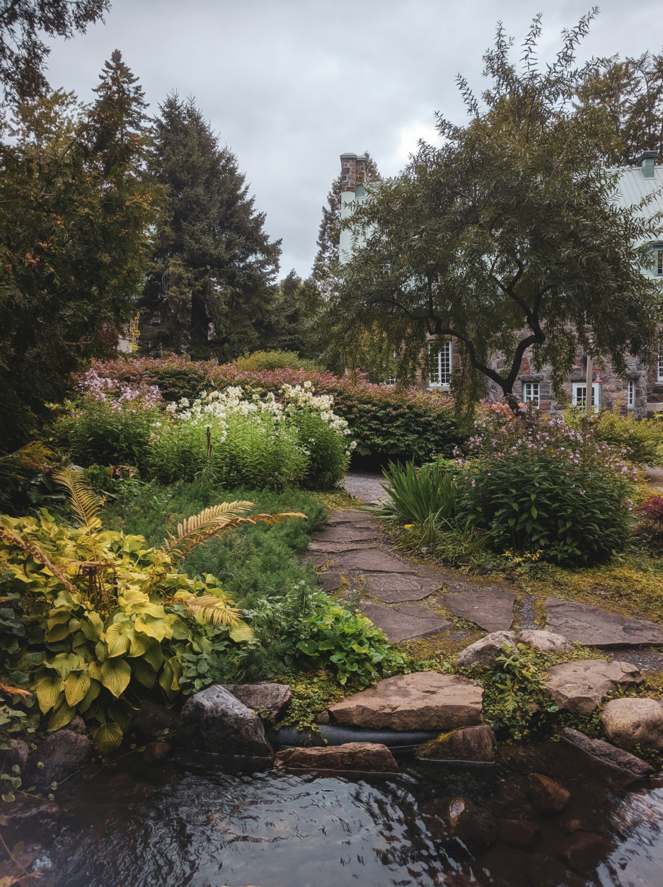 Beautiful landscaped garden with stone pathways